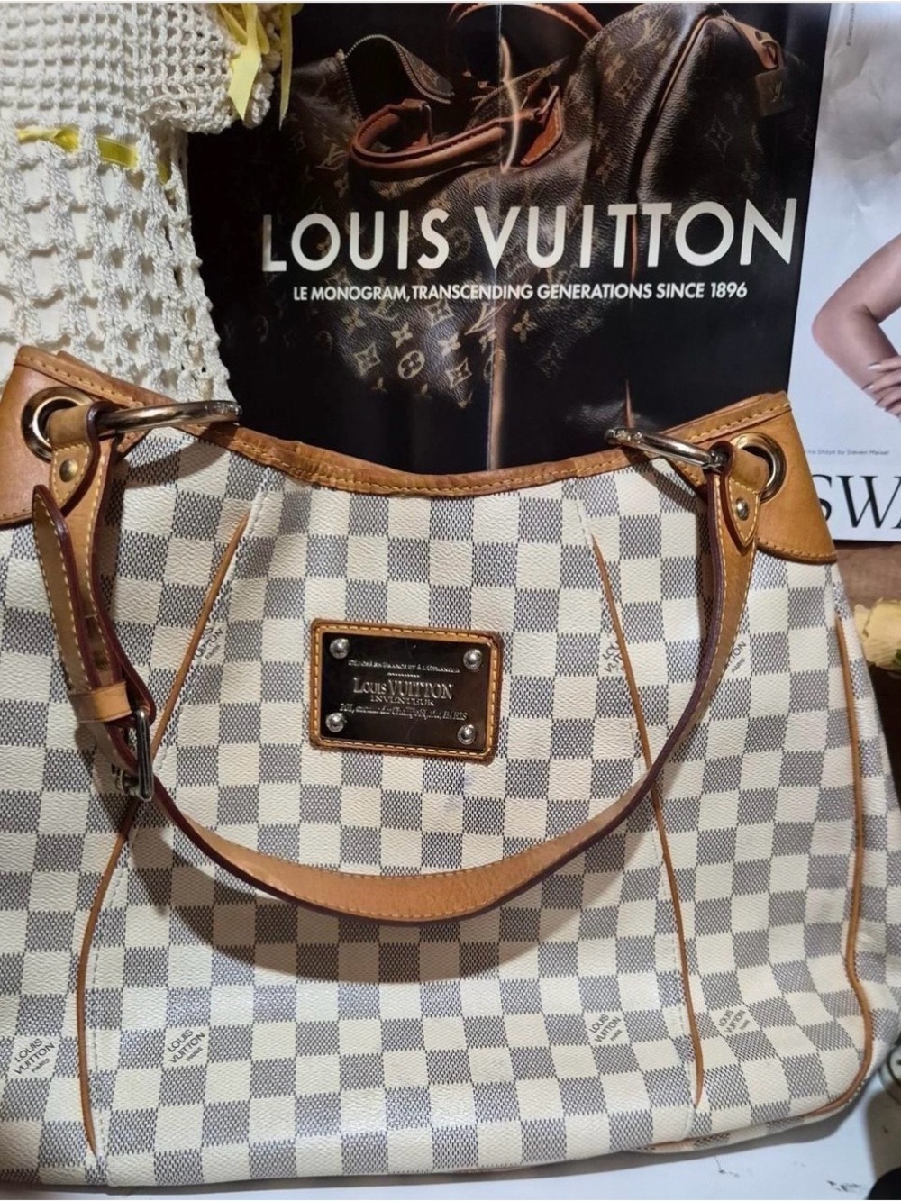 Louis Vuitton Damier Azur Canvas Shoulder Bag in White and Tan